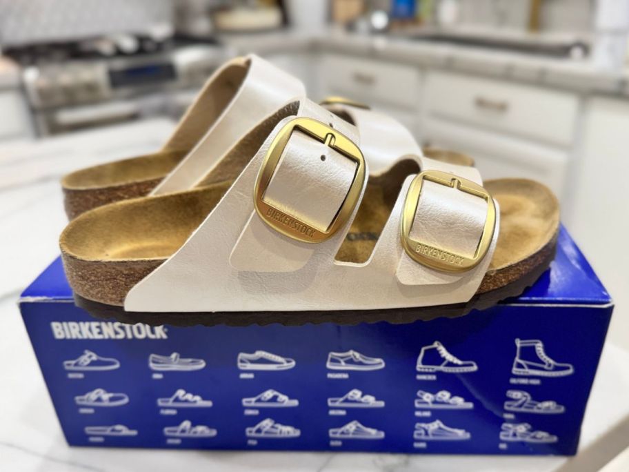 birkenstock Arizona Big Buckle Sandals on a shoebox