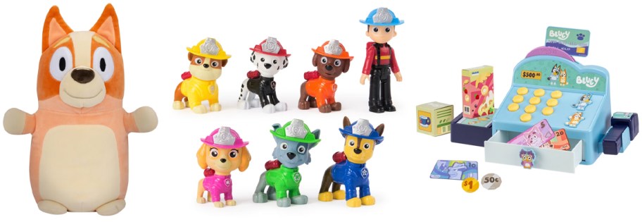 Bluey Bingo Hugmee Squishmallows 10'' Plush, PAW Patrol Fire Rescue Team 7 Pack, Bluey Cash Register