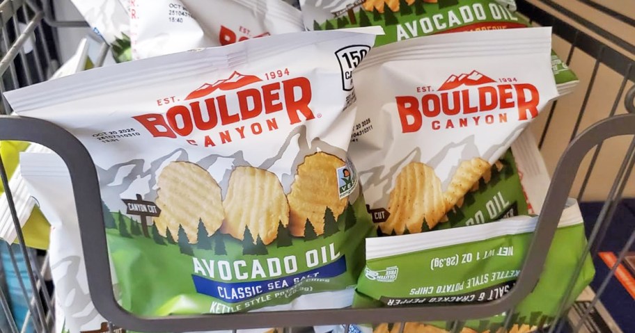 mini bags of Boulder Canyon Kettle Chips in a basket