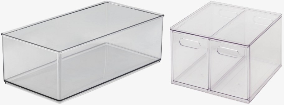clear plastic storage bin and 2 drawer storage 