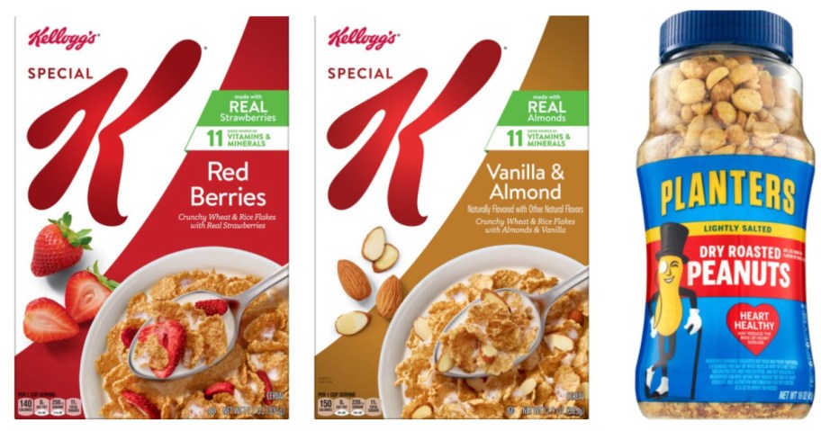 two boxes of cereal and jar of peanuts