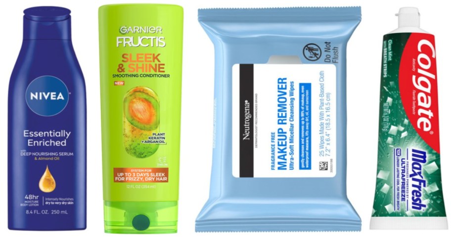 lotion, conditioner, face wipes and toothpaste