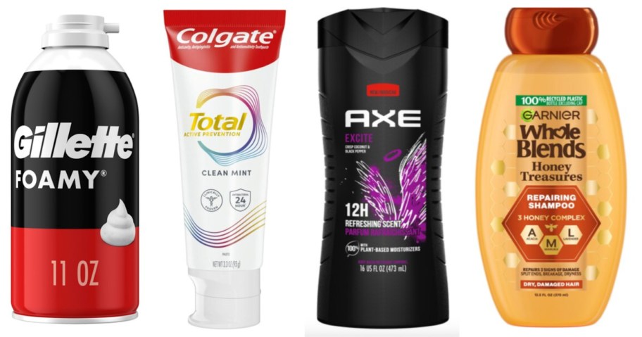 shave cream, toothpaste, body wash and shampoo