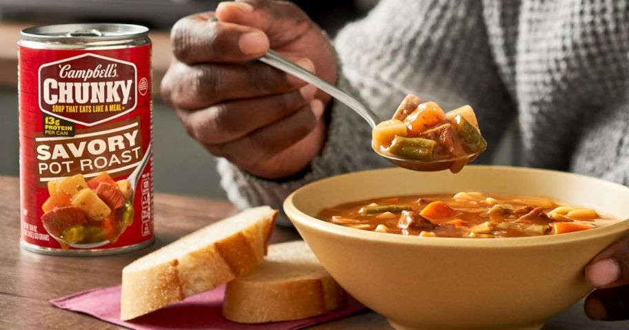 Person eating a bowl of Campbell's Chunky Soup