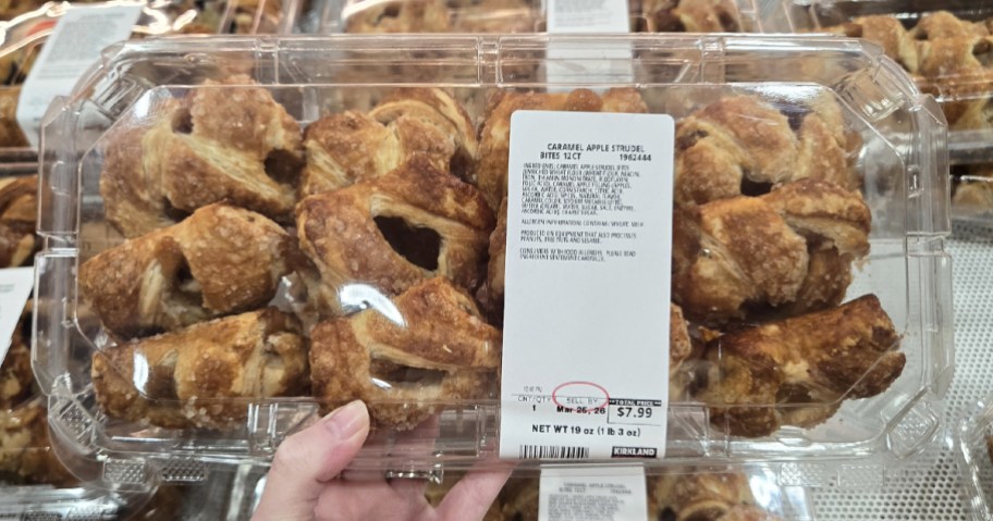 hand holding a container of Caramel Apple Strudel Bites