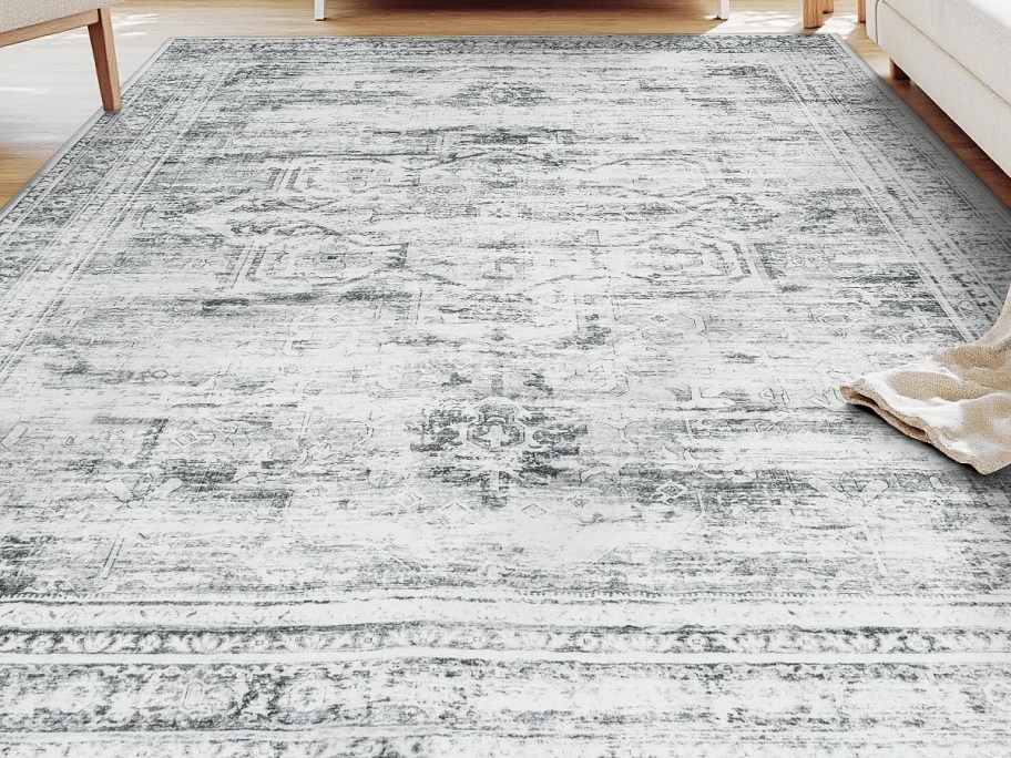 large grey area rug in living room