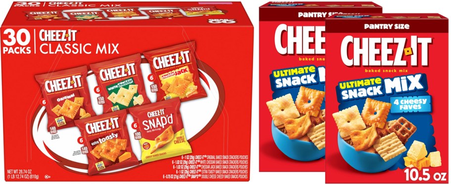 variety pack of Cheez-It snack bags and 2 boxes of Cheez-It snack mix