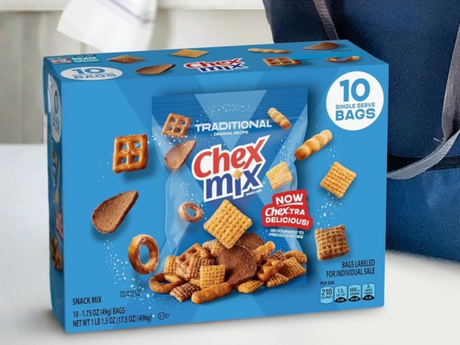 box of traditional chex mix bags sitting on kitchen counter