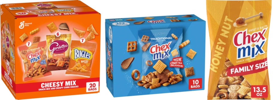 two boxes and a family-size bag of Chex Mix snacks