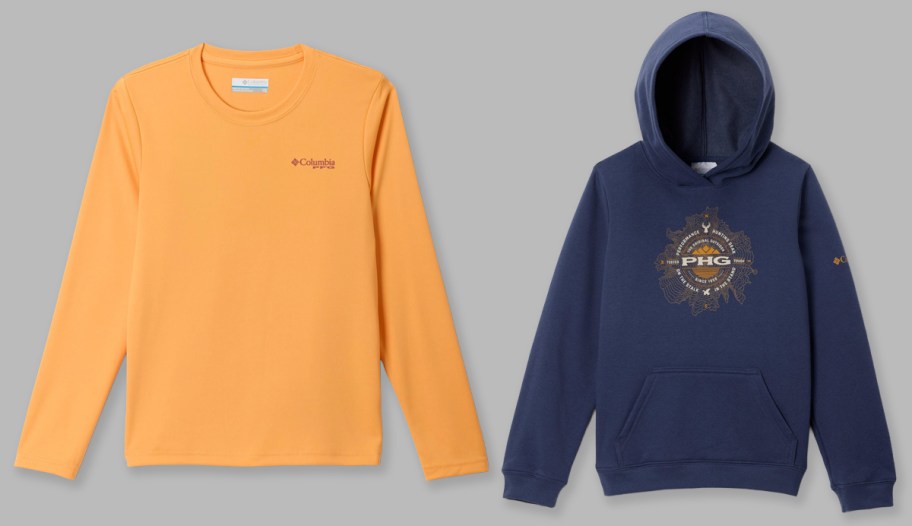 Columbia Boys PFG Terminal Tackle Fish Shine Long Sleeve Shirt and PHG Top Hunt Hoodie
