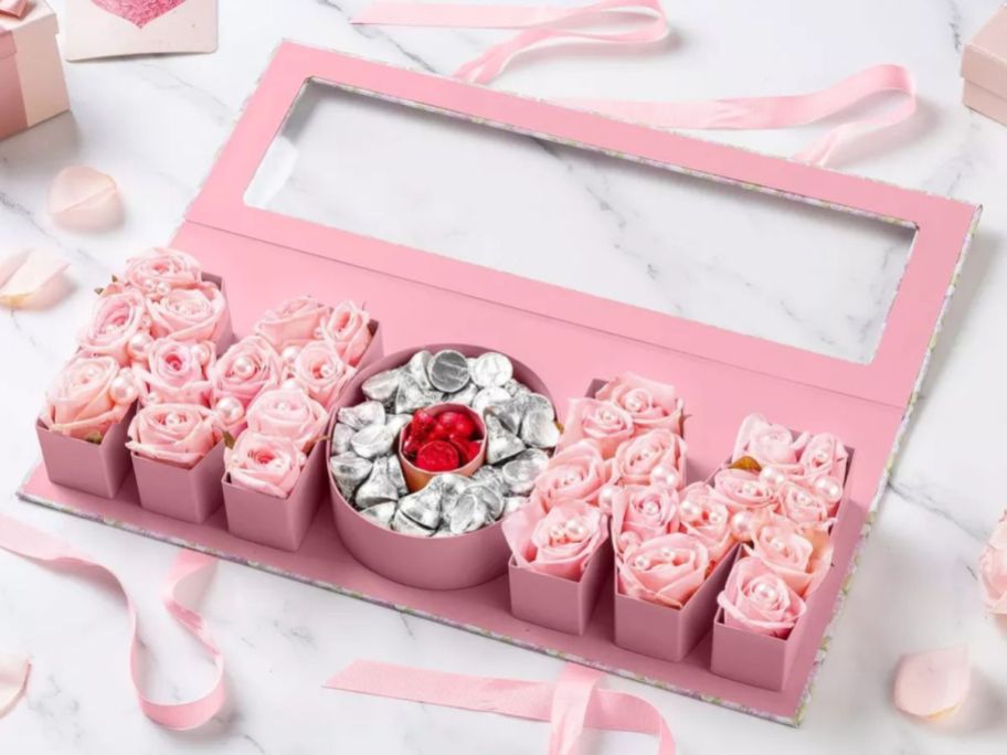 Cook With Color MOM Word Food Storage Gift Box with candy and flowers in it