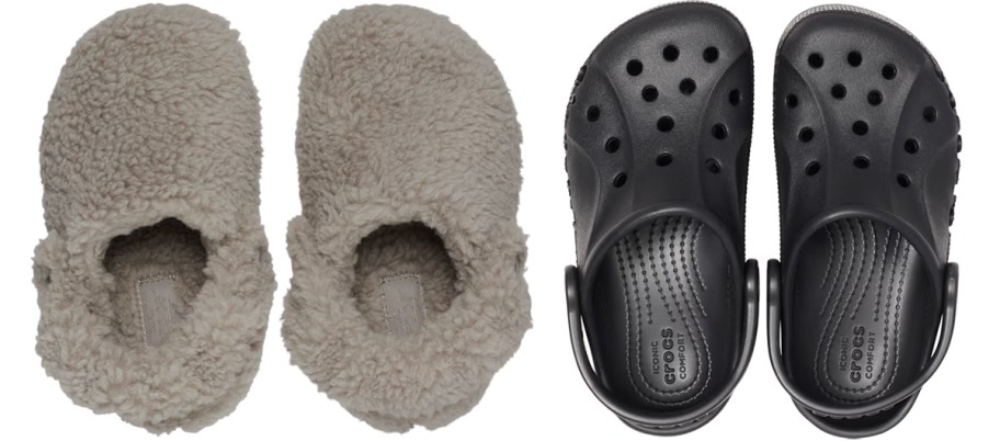 toddler slippers and black clogs
