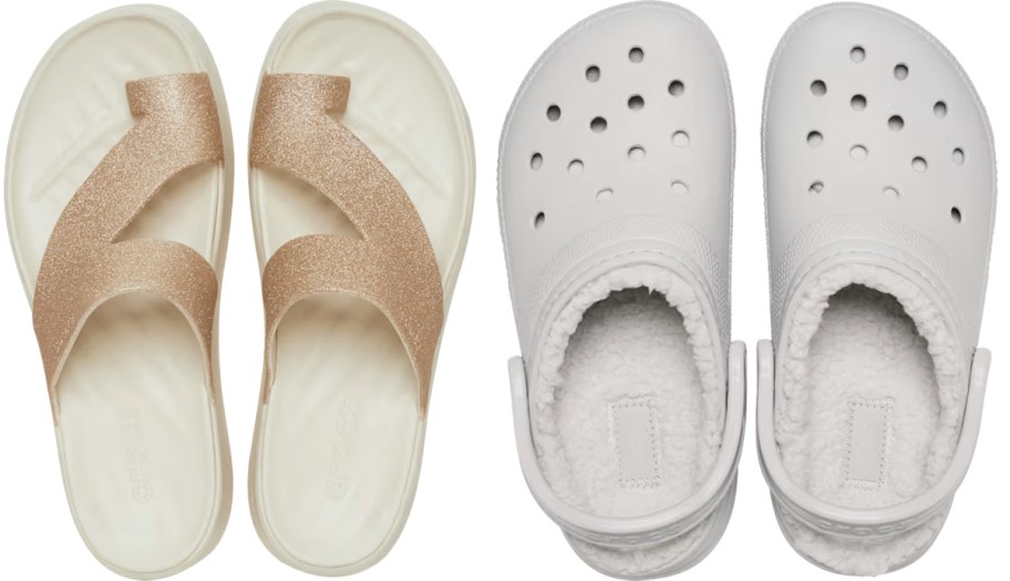 gold glitter sandals and light grey clogs