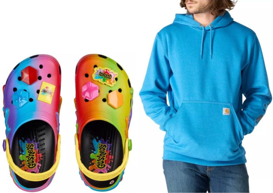 Stok images of Crocs and a Carhartt Sweatshirt