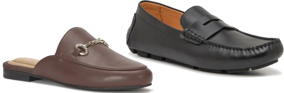brown mule and black loafer