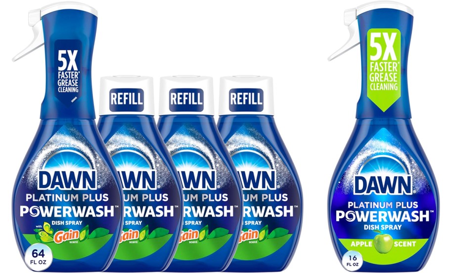 blue bottles and refills of Dawn Powerwash