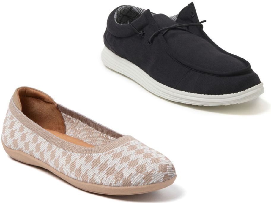 Stock images of two styles of Dearfoams slippers