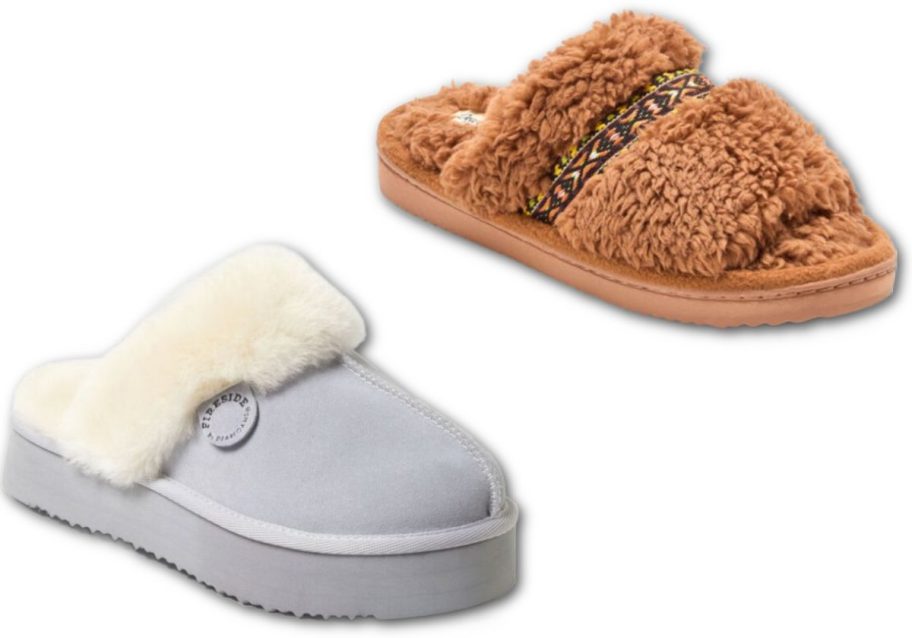 Stock images of two styles of Dearfoams slippers