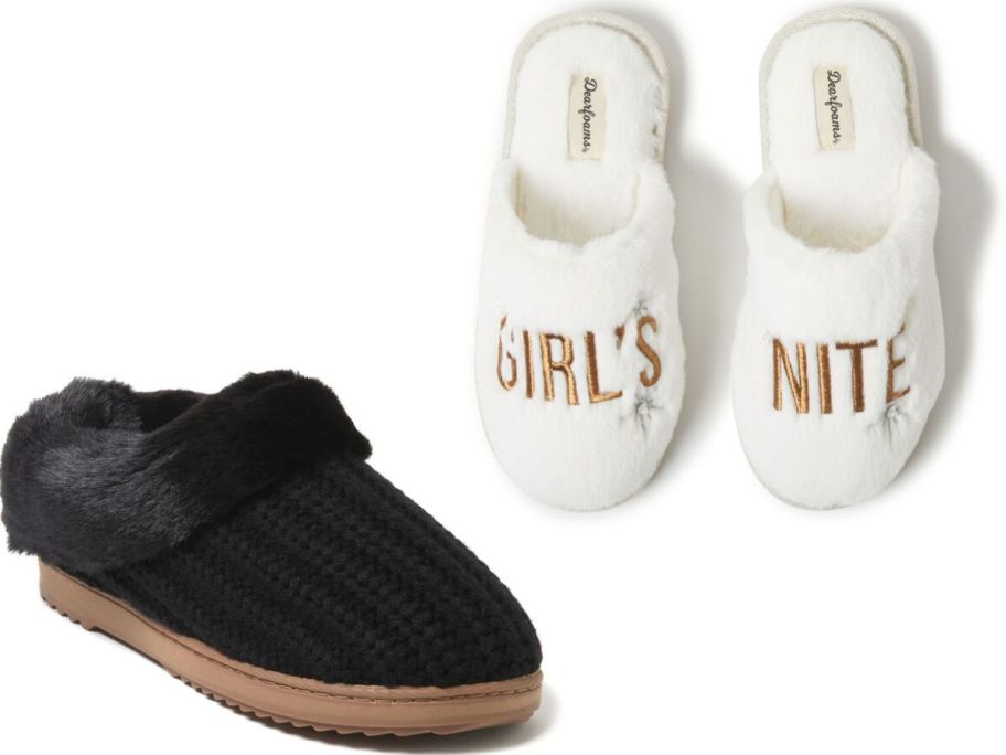 Stock images of two styles of Dearfoams slippers