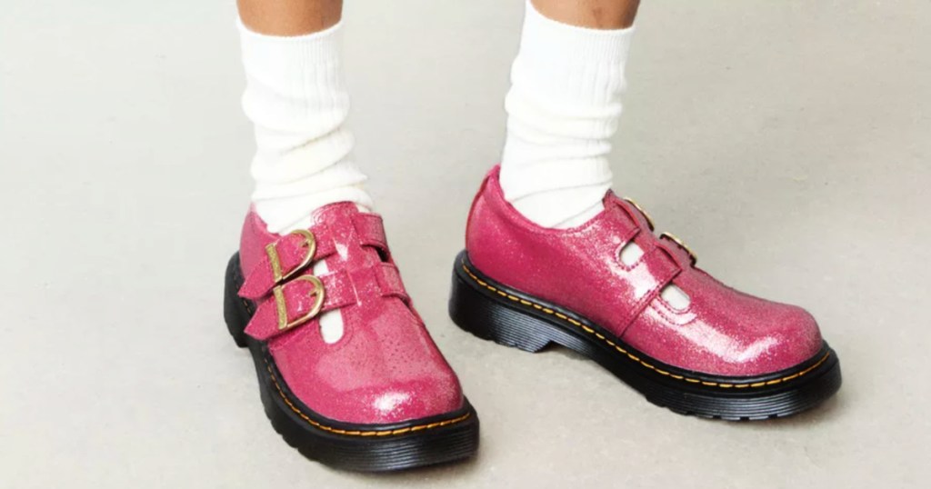 Little girl with white socks, wearing pink patent leather, Mary Jane shoes