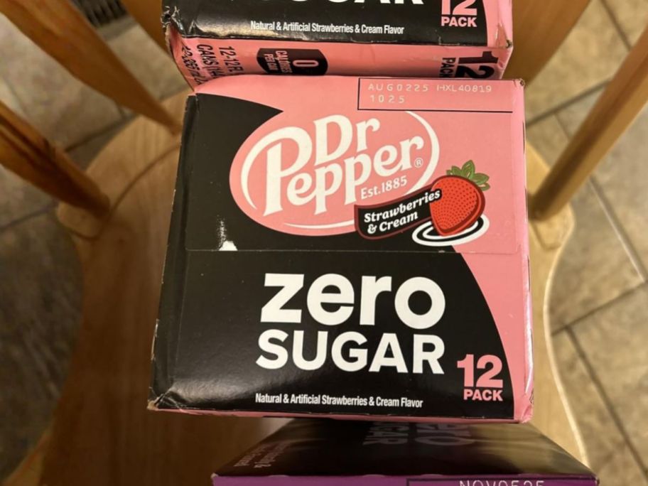 Dr. Pepper Zero Strawberries & Cream 12oz 12-Pack on chair