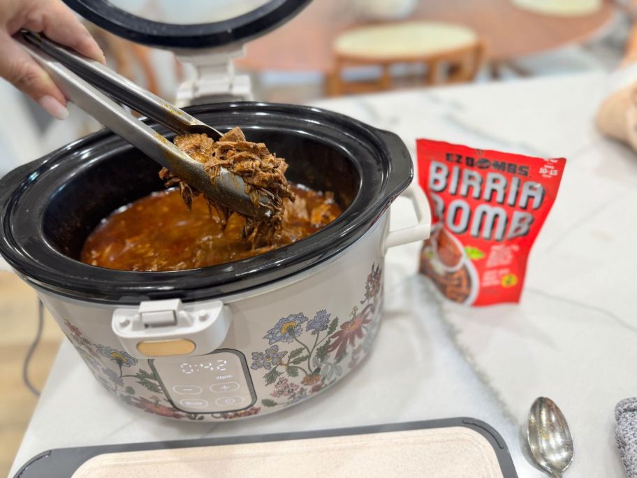 EZ Bombs Birria Bomb Seasoning 2-Pack on counter next to crock pot