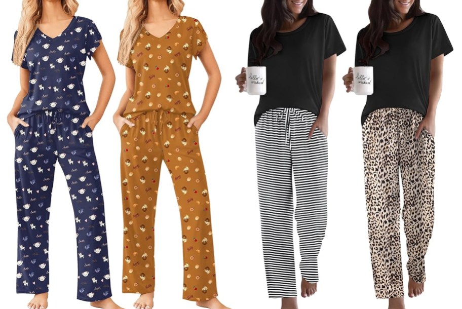 women modeling matching pajama sets