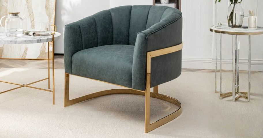 green Etta Avenue Tellico Upholstered Barrel Chair in living room