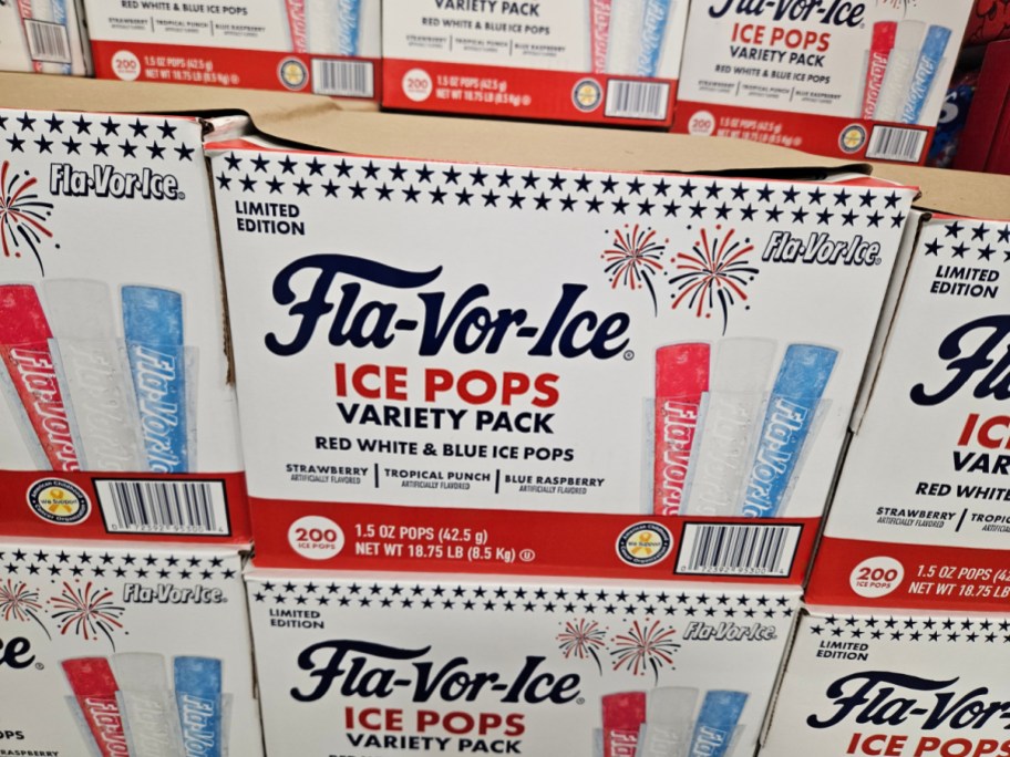 Fla-Vor-Ice ice pops variety pack with red, white, and blue popsicles in a limited edition box.
