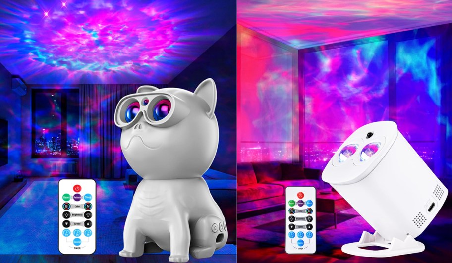 two galaxy projectors shining nebulas on ceilings