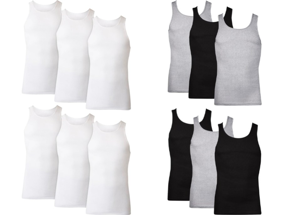 6-packs of hanes undershirt tanks in white, black, and grey colors