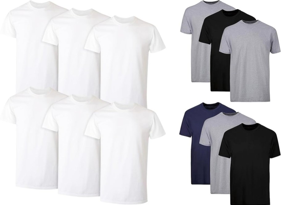 6-packs of hanes undershirts in white, black, and grey colors