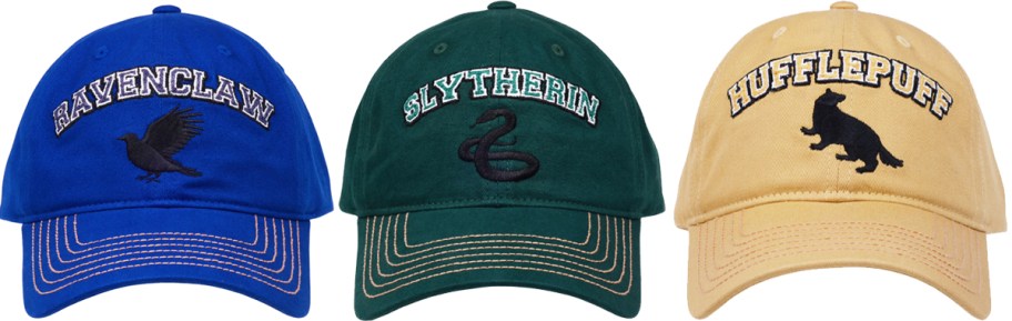 three harry potter baseball hats in a row
