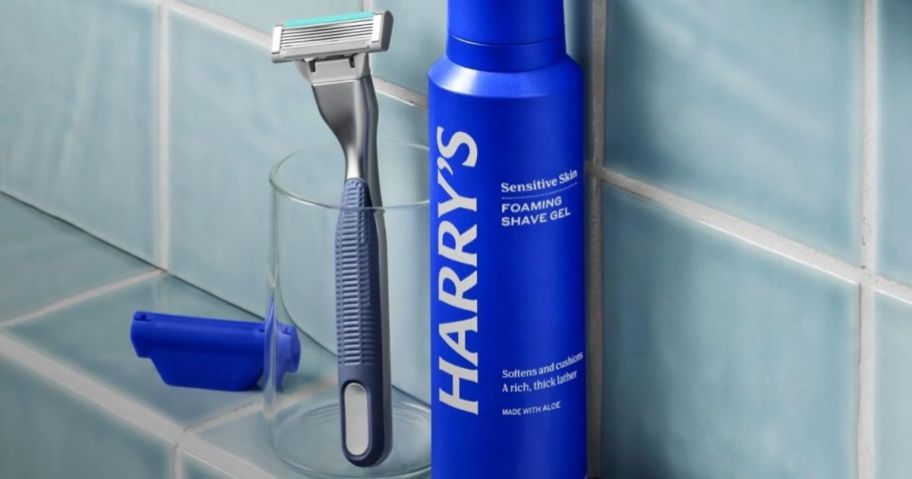 harry's razor & Shave Gel on a bathroom sink