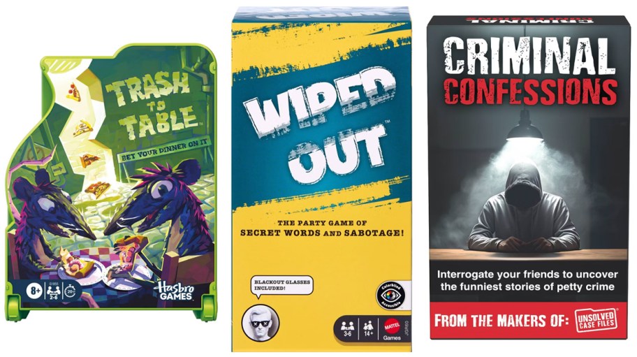 Hasbro Trash to Table Game, Mattel Wiped Out Party Game, Unsolved Case Files Criminal Confessions Card Game