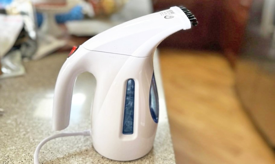 white and blue clothes steamer on a counter