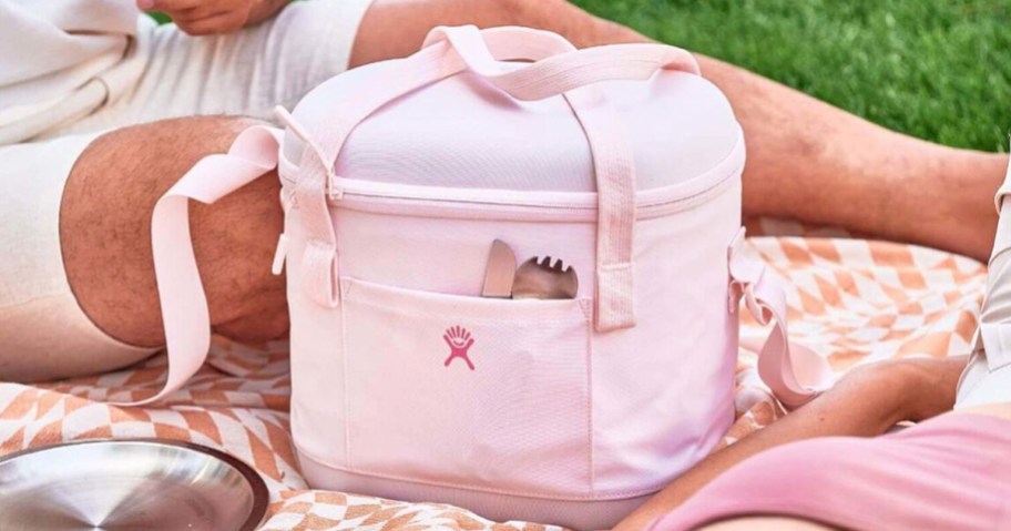 people on a picnic blanket with a pink hydro flask cooler