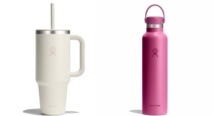 Hydroflask bottles in oat and pink