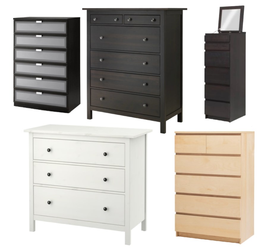 several 5 and 6 drawer dressers in different colors