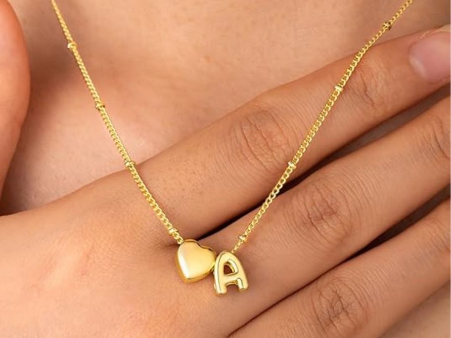 Gold Initial Necklace with letter A and a small heart charm