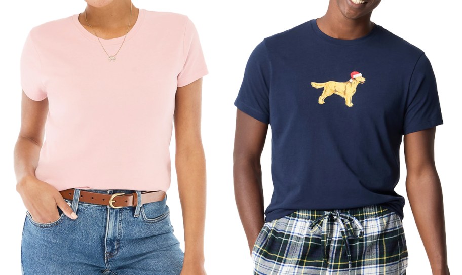 woman in pink t-shirt and man in navy blue dog graphic tee