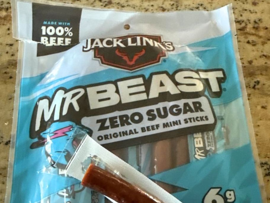 Jack Link&rsquo;s x MrBeast Zero Sugar Mini Beef Sticks 12-Count bag on counter