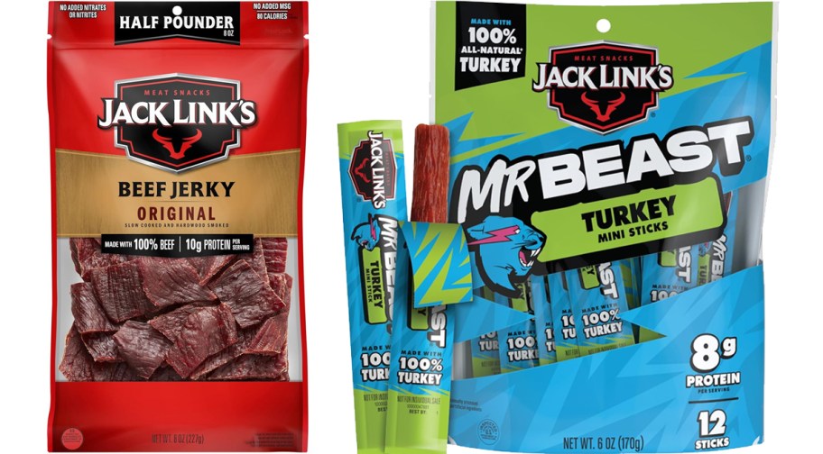 bags of Jack Link's beef jerky and meat sticks