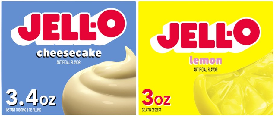 jello cheesecake pudding and lemon gelatin mix boxes