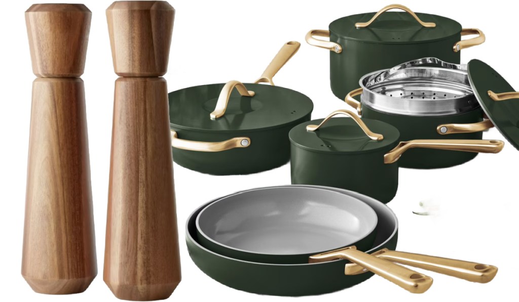 Wooden salt, shakers, and green pan set