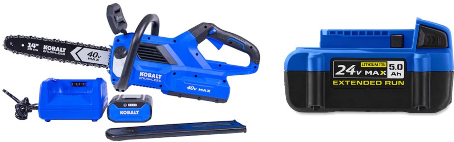 blue and black chainsaw and battery pack