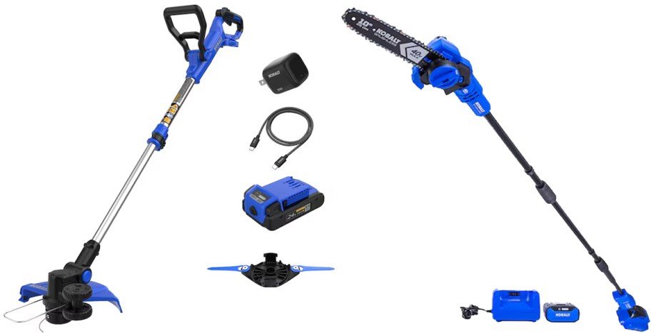 blue and black string trimmer and pole saw