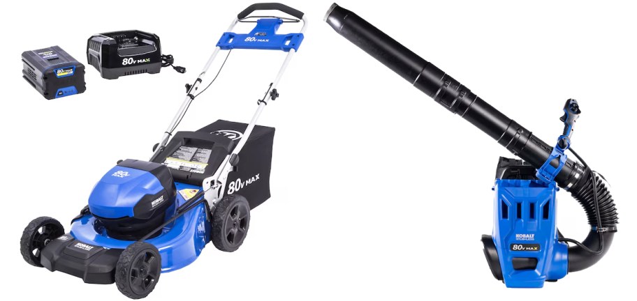 black and blue lawn mower and backpack leaf blower