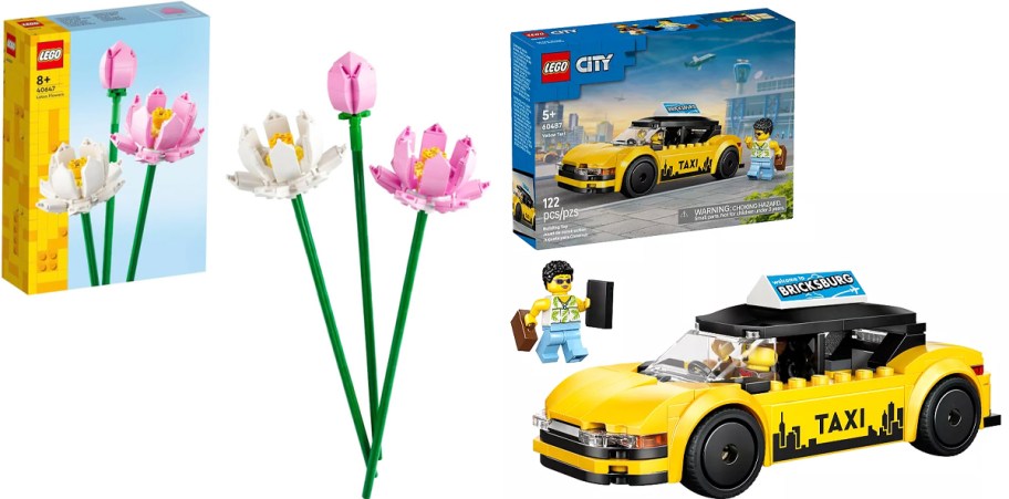 lotus flowers and yellow taxi lego sets
