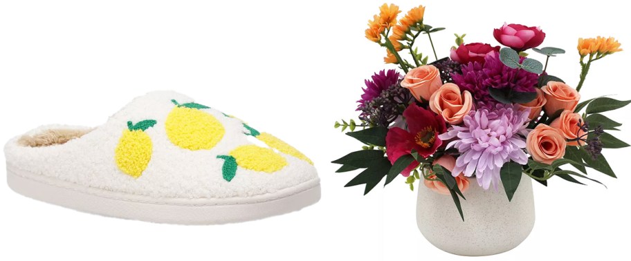 lemon print slipper and pink artificial flower arrangement